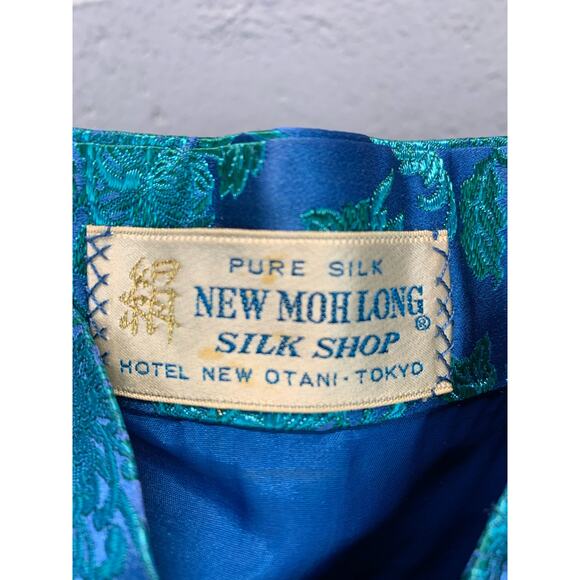 Vintage 60s Turquoise Brocade Silk Cheongsam Blouse Mandarin Collar - Picture 9 of 10